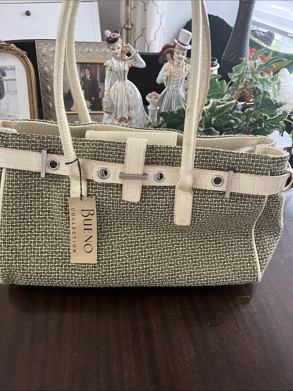 Women's Tweed Tote Bag in Olive Cream